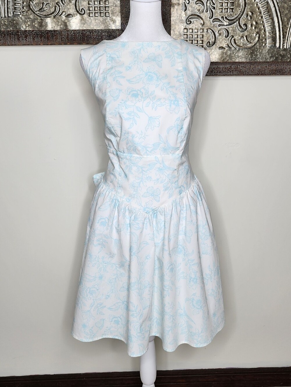 Wild Fable White & Blue Floral Cotton Bow Detail Low Back Mini Dress XL Cottage